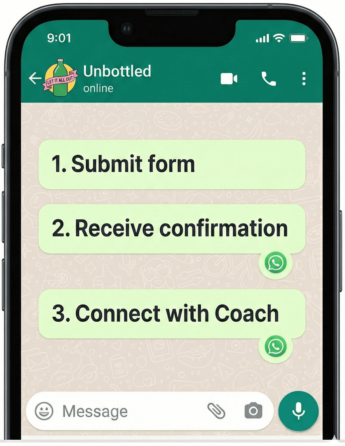 WhatsApp booking interface mockup